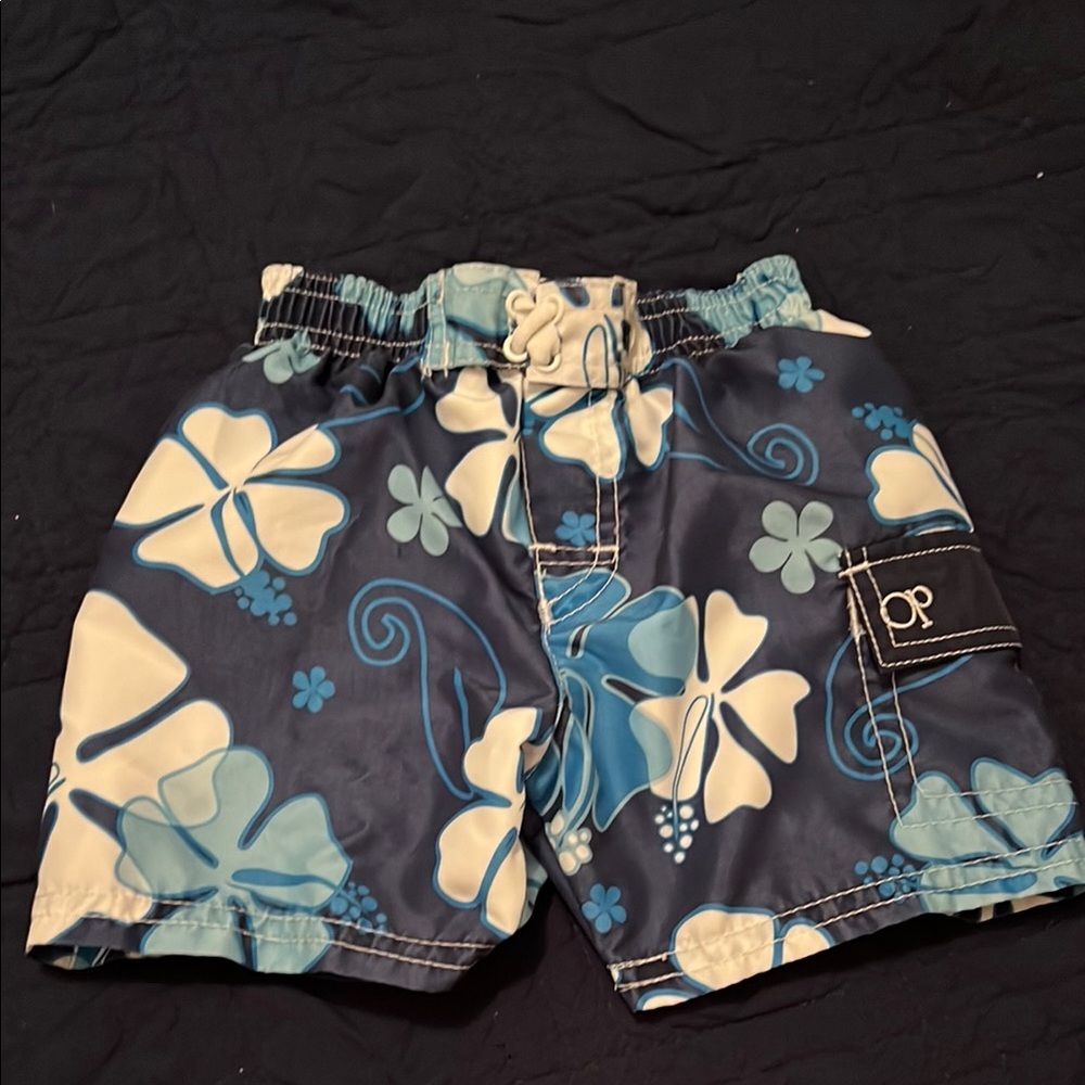 OP Kids 12m Floral Swim Trunks - Blue and White